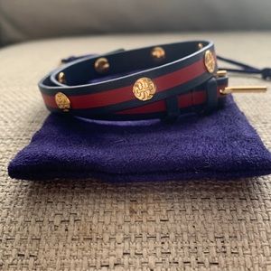 Tory Burch navy and red leather wrap bracelet.